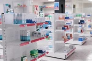 Interior de una farmacia moderna con estanterías de productos de salud y parafarmacia