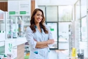 mujer farmaceuta con uniforme dentrod e farmacia