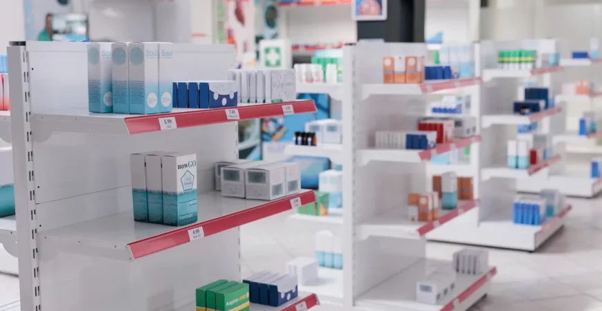 Interior de una farmacia moderna con estanterías de productos de salud y parafarmacia